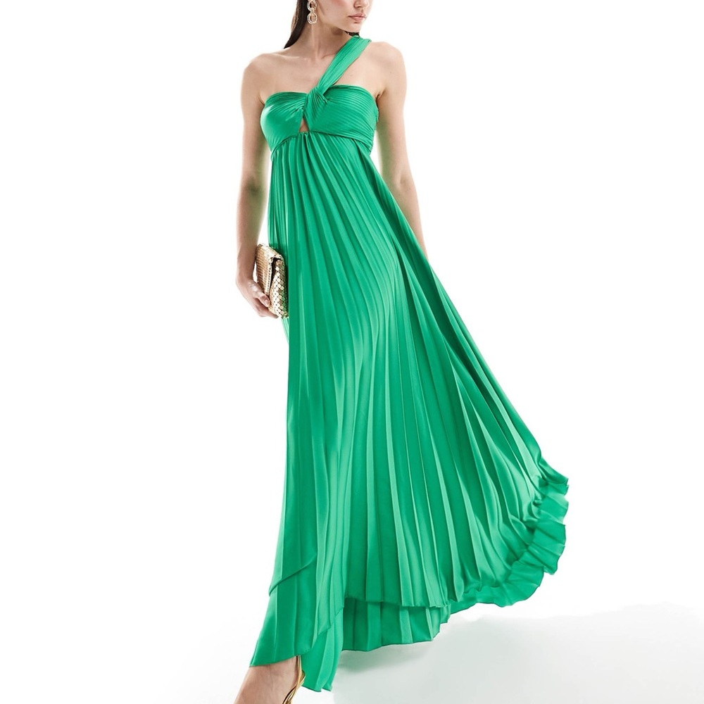 Mango Green One-Shoulder Pleated Maxi Dress